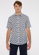 GREEN/NAVY LEAVES COTTON SEERSUCKER WOVEN SHORT SLEEVE SHIRT PM-14109