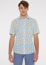 BLUE/APRICOT FLORAL COTTON SEERSUCKER WOVEN SHORT SLEEVE SHIRT PM-14110