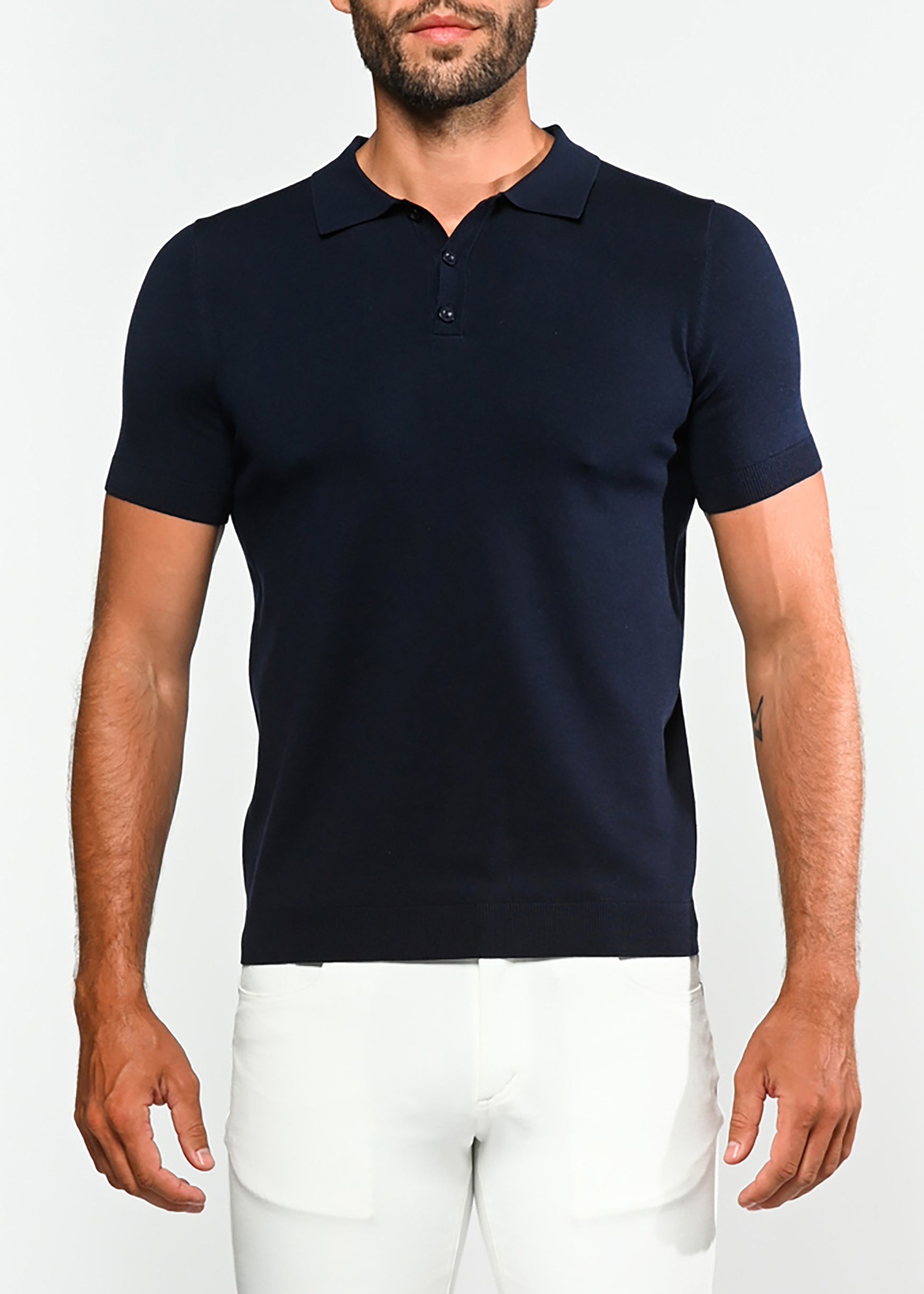 NAVY SILK/TENCEL 3-BUTTON KNIT POLO
