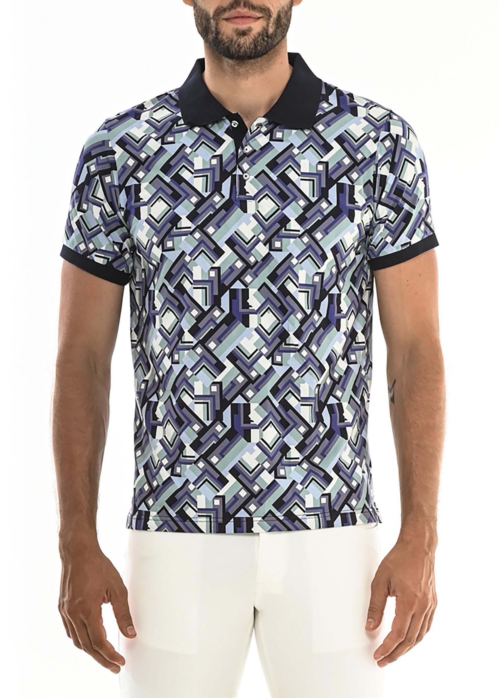 NAVY/SEAFOAM CYBER STRETCH COTTON JERSEY KNIT POLO PM-16116