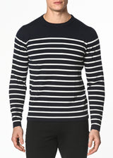 NAVY/OFF WHITE LONG SLEEVE STRIPE SILK/TENCEL KNIT SWEATER PM-16201