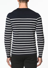 NAVY/OFF WHITE LONG SLEEVE STRIPE SILK/TENCEL KNIT SWEATER PM-16201