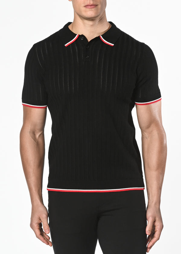 BLACK SILK/TENCEL TEXTURED KNITTED POLO W/ TIPPING PM-16203