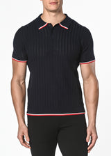 NAVY SILK/TENCEL TEXTURED KNITTED POLO W/ TIPPING PM-16203