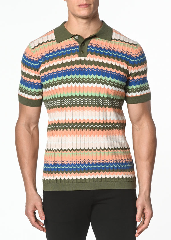 OLIVE/SALMON WAVE COTTON TEXTURED KNITTED POLO PM-16204 Final Sale