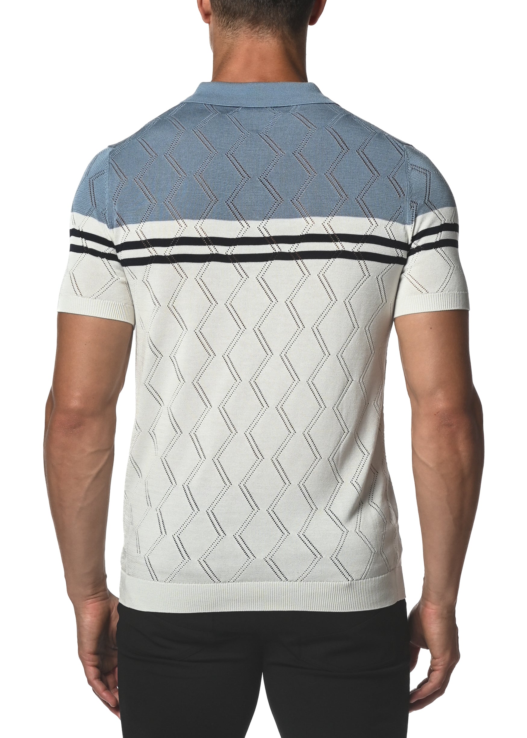 SLATE/NAVY SILK/TENCEL ZIGZAG STRIPES KNIT 3-BUTTON POLO PM-16214