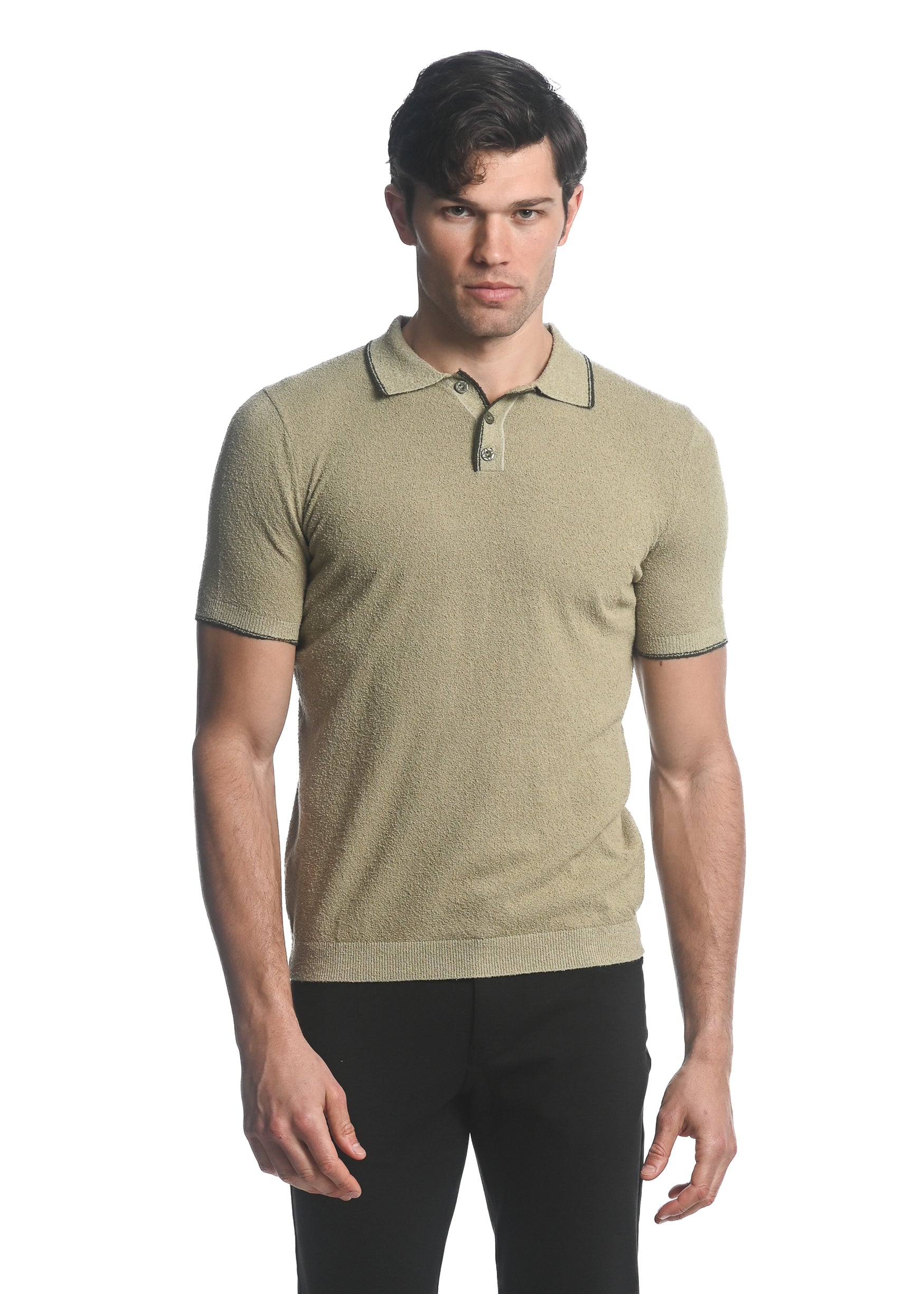 SAGE/ OLIVE BOUCLE 3-BUTTON KNIT POLO WITH TIPPING PM-16218