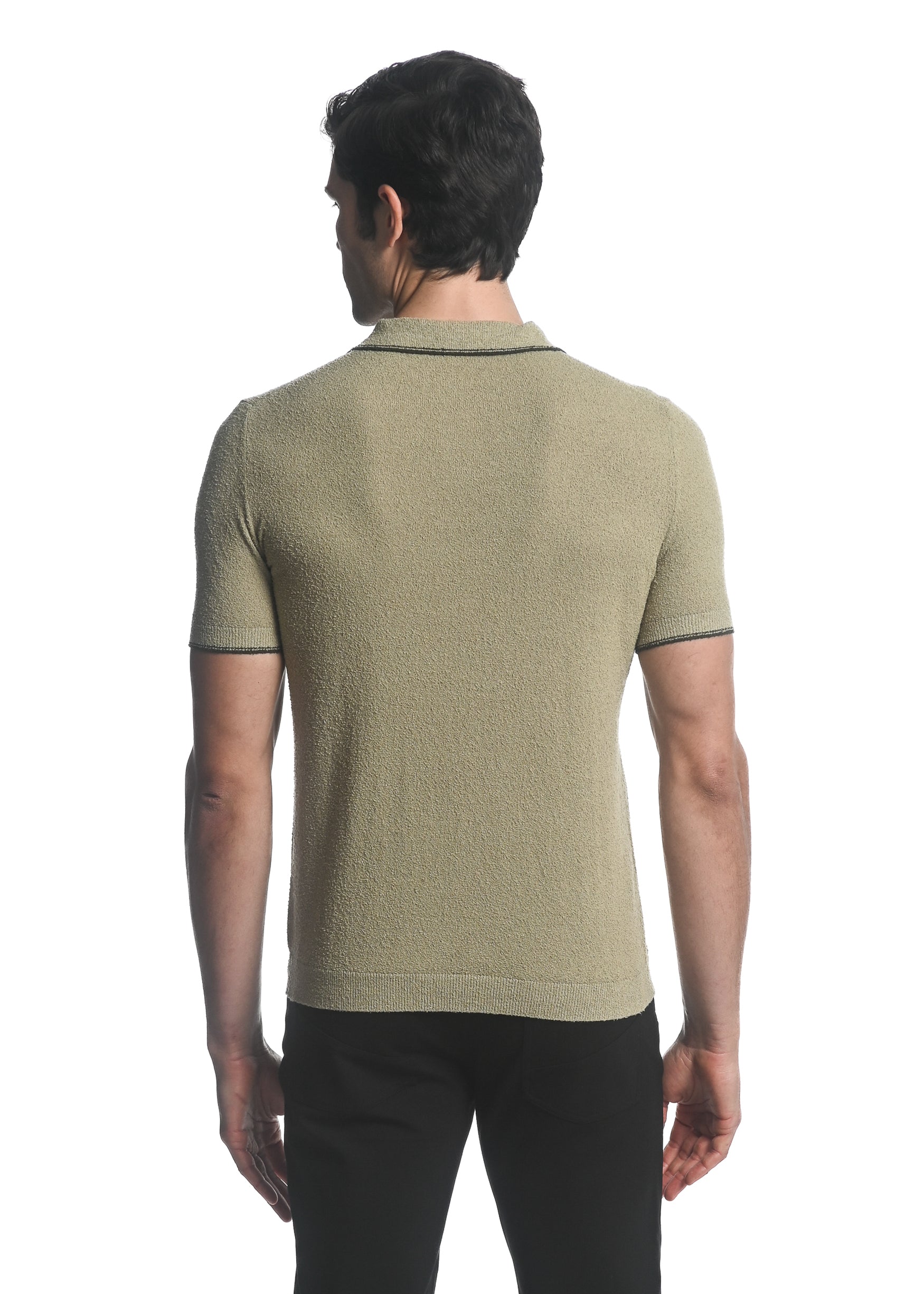 SAGE/ OLIVE BOUCLE 3-BUTTON KNIT POLO WITH TIPPING PM-16218
