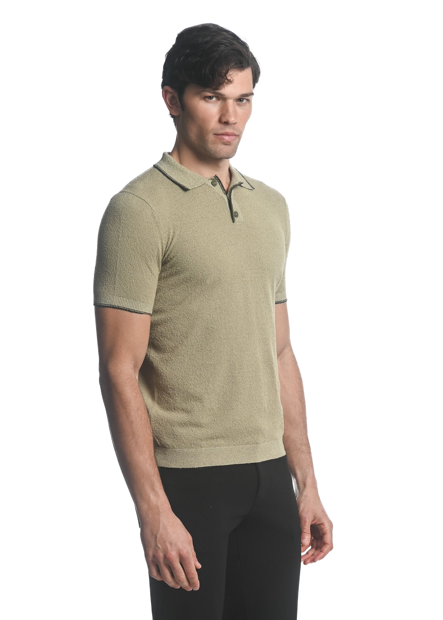 SAGE/ OLIVE BOUCLE 3-BUTTON KNIT POLO WITH TIPPING PM-16218