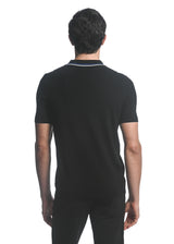BLACK  SILK TENCEL  3-BUTTON TEXTURED KNIT POLO W/ VERTICAL STRIPES PM-16220