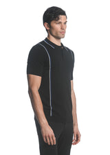 BLACK  SILK TENCEL  3-BUTTON TEXTURED KNIT POLO W/ VERTICAL STRIPES PM-16220