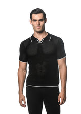 BLACK/WHITE TEXTURED MESH KNITTED JOHNNY COLLAR POLO W/ TIPPING PM-16231