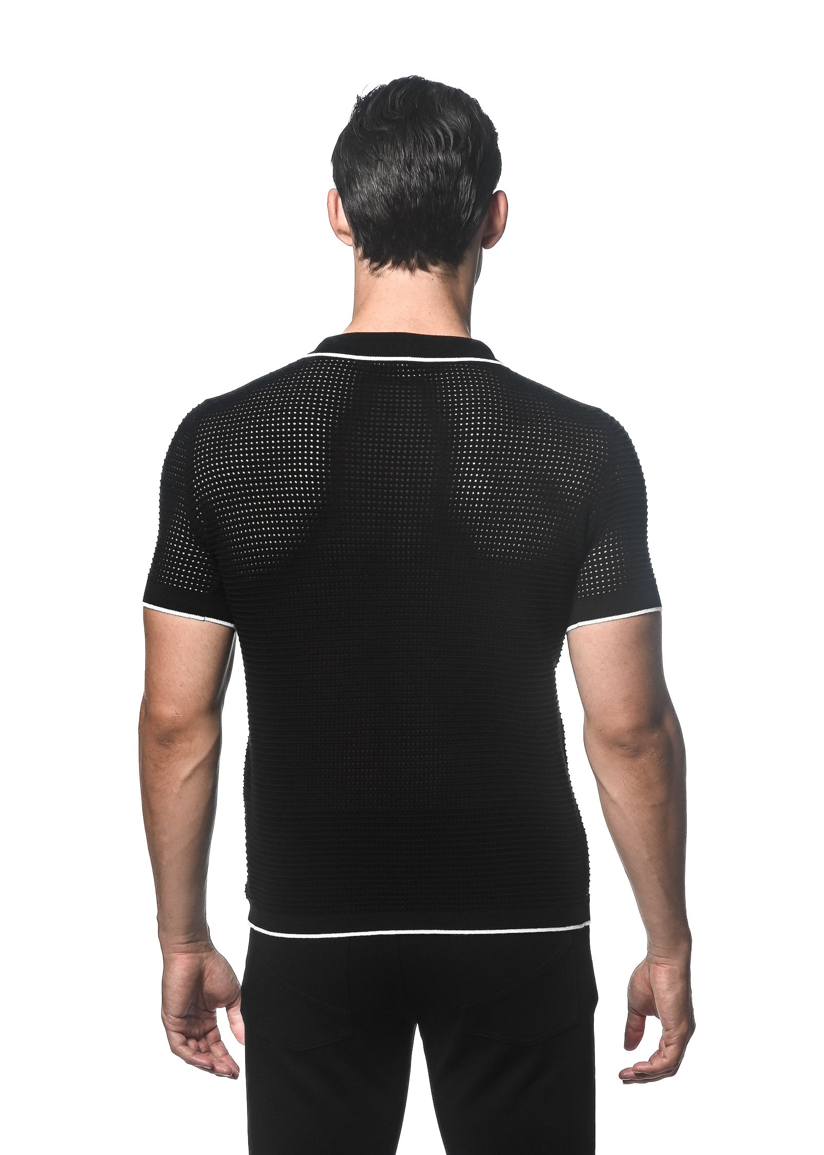BLACK/WHITE TEXTURED MESH KNITTED JOHNNY COLLAR POLO W/ TIPPING PM-16231