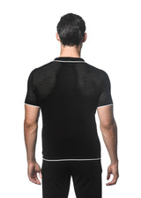 BLACK/WHITE TEXTURED MESH KNITTED JOHNNY COLLAR POLO W/ TIPPING PM-16231