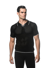 BLACK/WHITE TEXTURED MESH KNITTED JOHNNY COLLAR POLO W/ TIPPING PM-16231