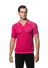 CHERRY/WHITE TEXTURED MESH KNITTED JOHNNY COLLAR POLO W/ TIPPING PM-16231