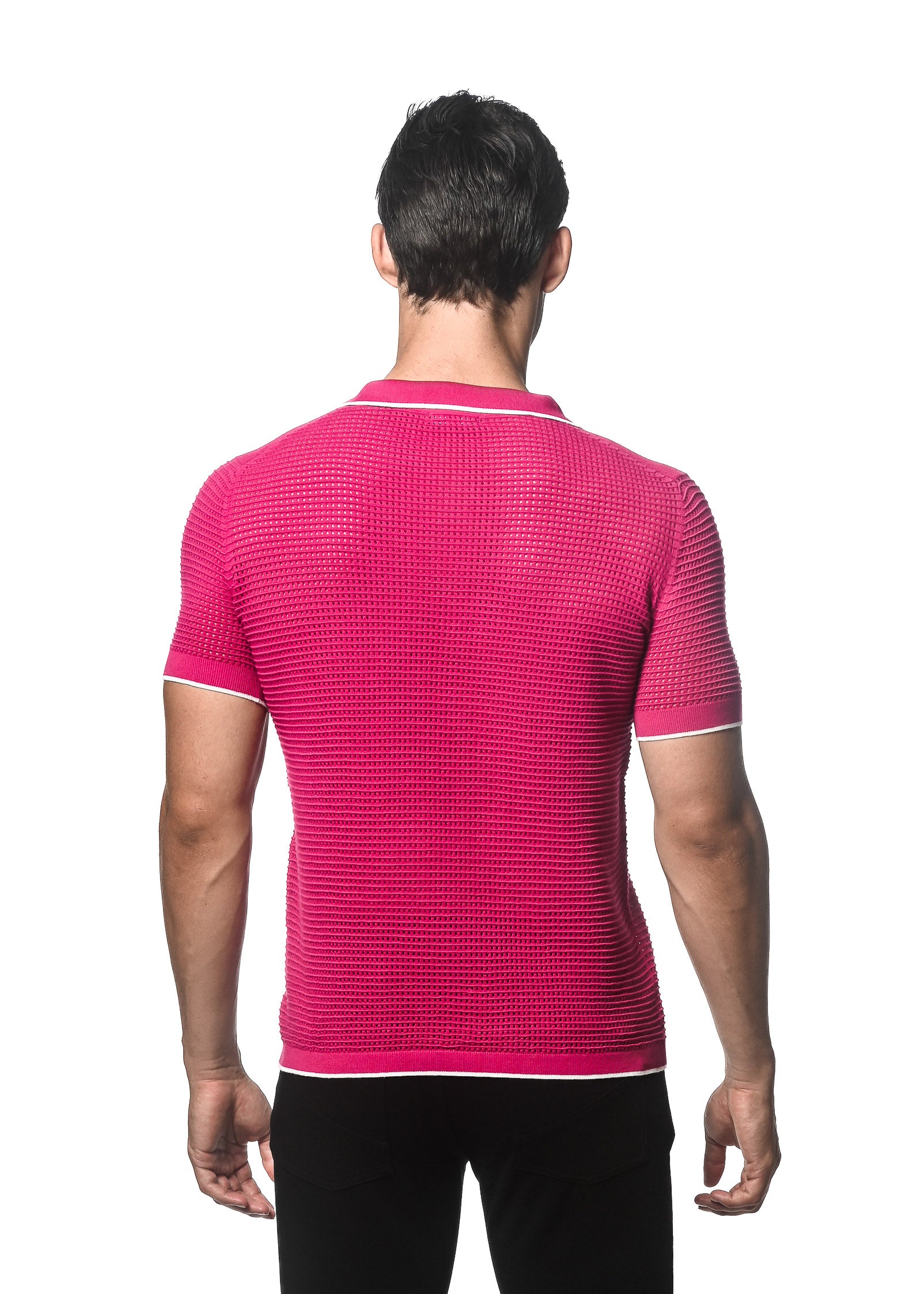 CHERRY/WHITE TEXTURED MESH KNITTED JOHNNY COLLAR POLO W/ TIPPING PM-16231