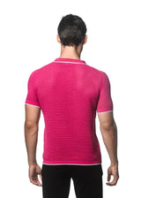 CHERRY/WHITE TEXTURED MESH KNITTED JOHNNY COLLAR POLO W/ TIPPING PM-16231