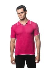 CHERRY/WHITE TEXTURED MESH KNITTED JOHNNY COLLAR POLO W/ TIPPING PM-16231