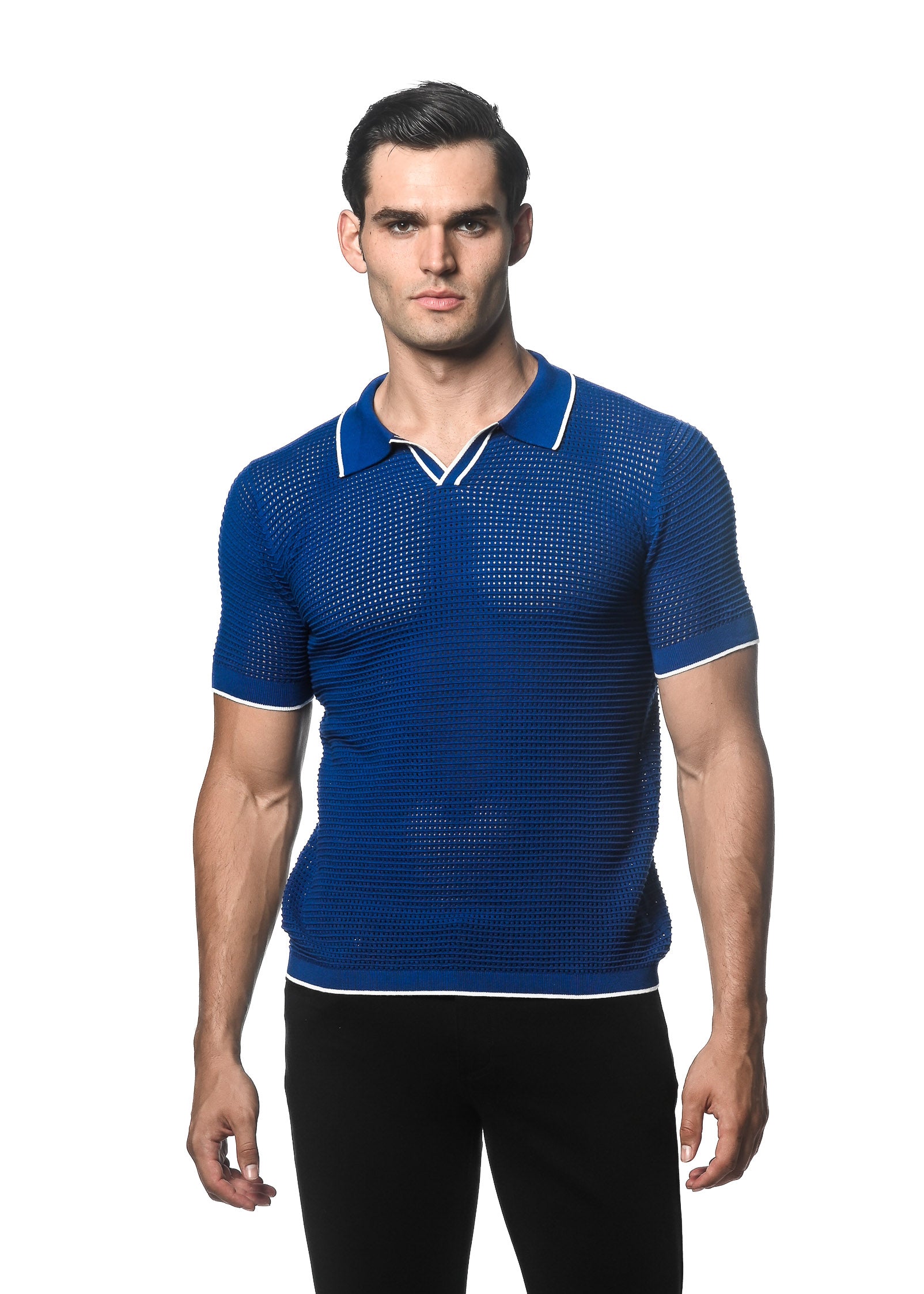 COBALT/WHITE TEXTURED MESH KNITTED JOHNNY COLLAR POLO W/ TIPPING PM-16231