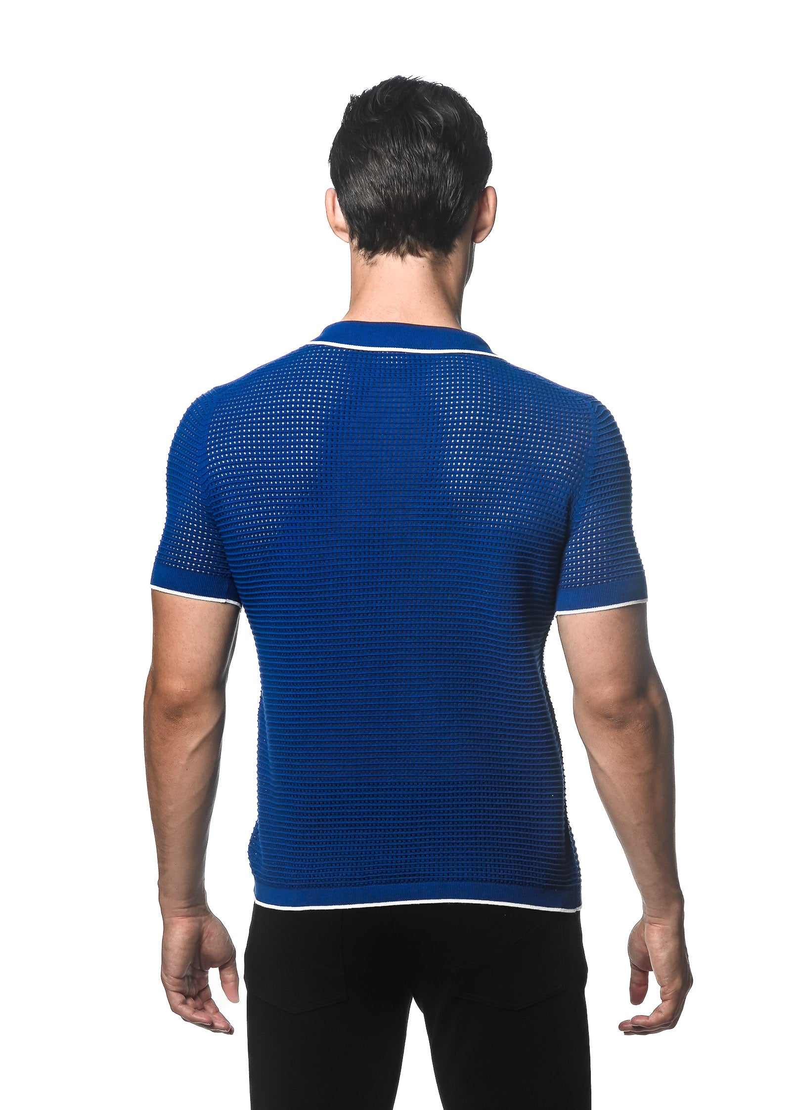 COBALT/WHITE TEXTURED MESH KNITTED JOHNNY COLLAR POLO W/ TIPPING PM-16231