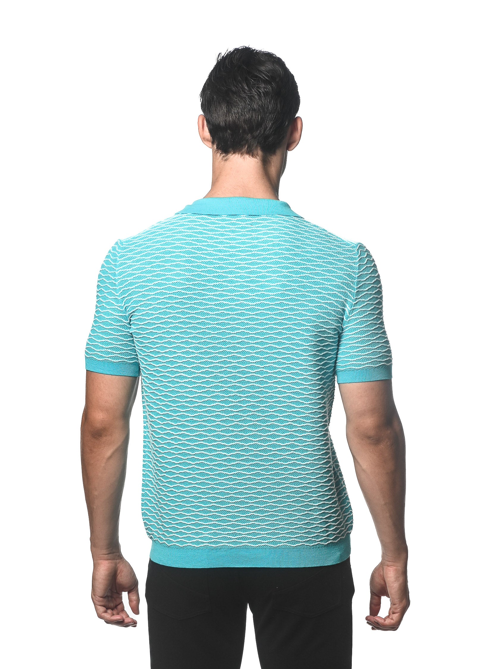 AQUA/OFF WHITE WAVE COTTON TEXTURED KNITTED POLO PM-16232
