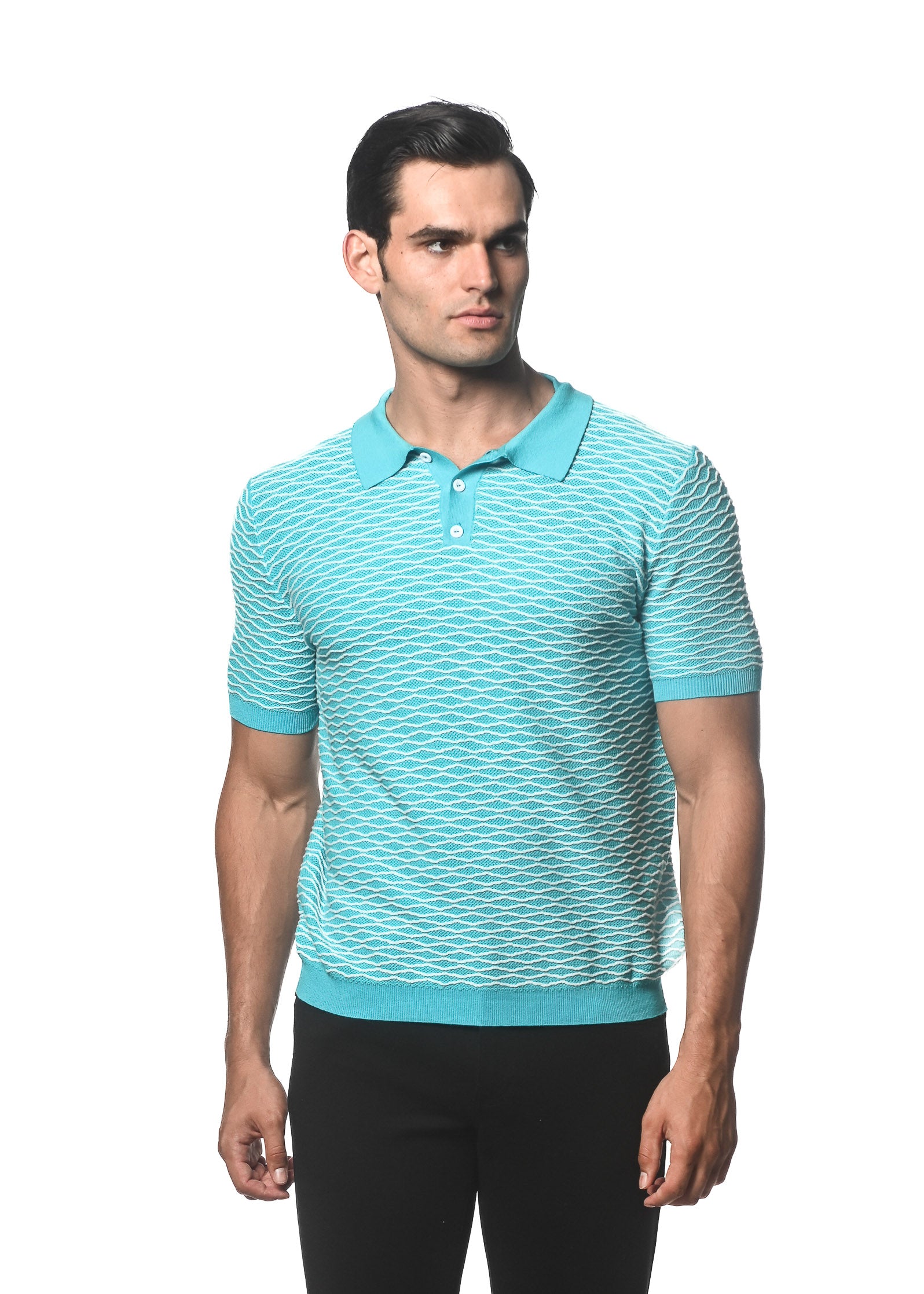 AQUA/OFF WHITE WAVE COTTON TEXTURED KNITTED POLO PM-16232