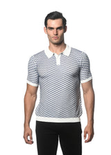 OFF WHITE/COBALT WAVE COTTON TEXTURED KNITTED POLO PM-16232