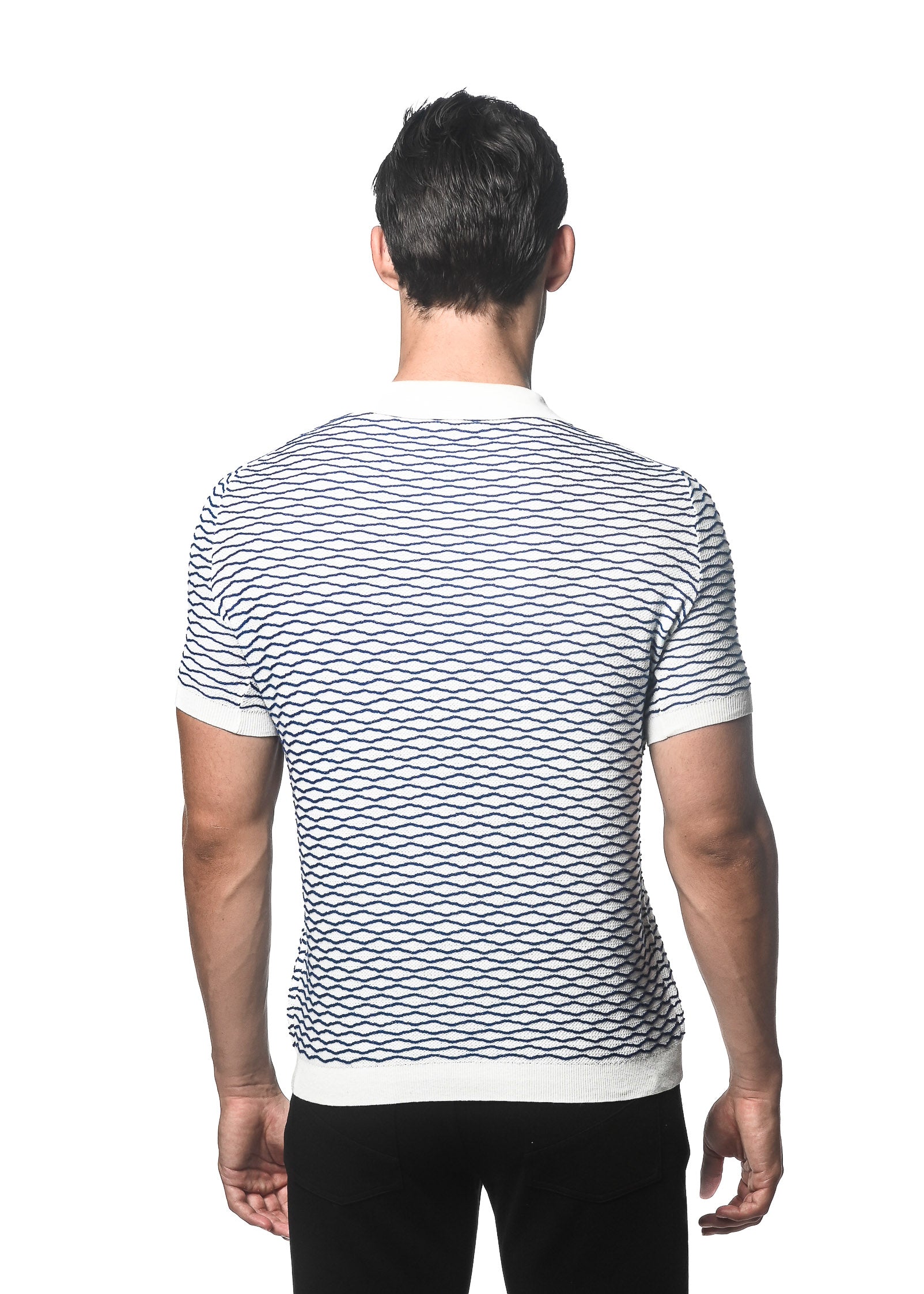 OFF WHITE/COBALT WAVE COTTON TEXTURED KNITTED POLO PM-16232