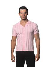 PINK COTTON TEXTURED BUTTON FRONT KNITTED SHORT SLEEVE SHIRT PM-16270