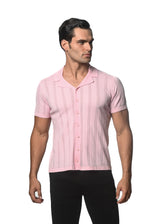 PINK COTTON TEXTURED BUTTON FRONT KNITTED SHORT SLEEVE SHIRT PM-16270
