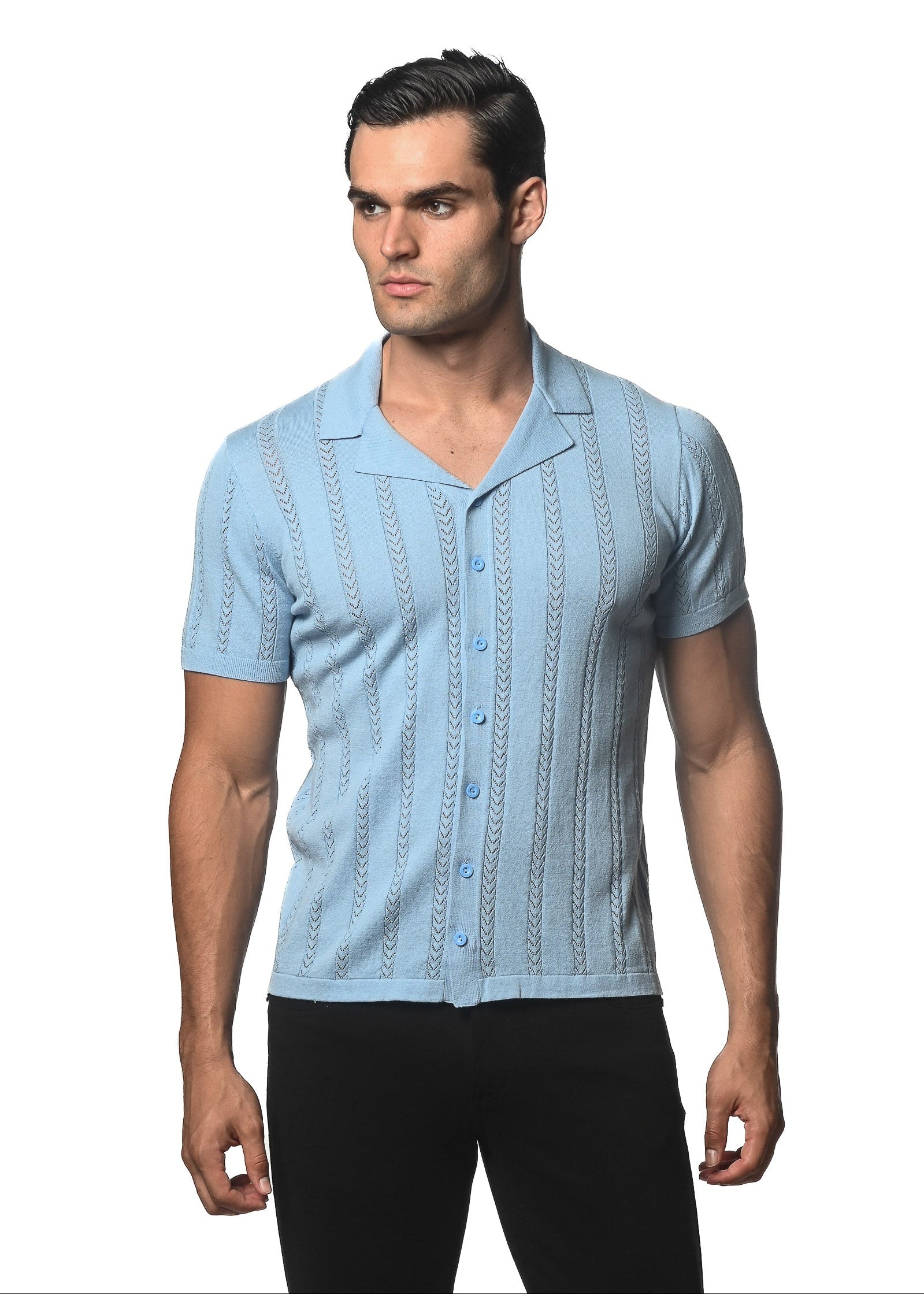SKY COTTON TEXTURED BUTTON FRONT KNITTED SHORT SLEEVE SHIRT PM-16270