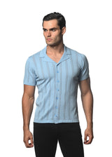 SKY COTTON TEXTURED BUTTON FRONT KNITTED SHORT SLEEVE SHIRT PM-16270