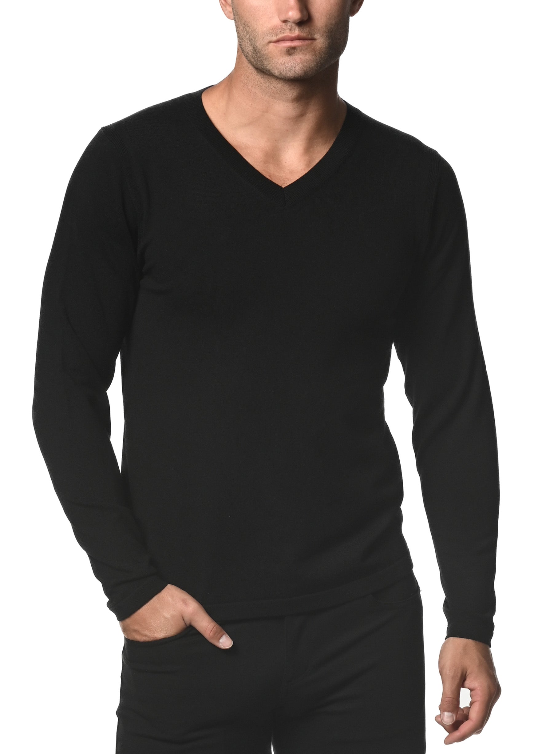 BLACK SILK TENCEL KNITTED V-NECK SWEATER PM-16308