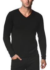 BLACK SILK TENCEL KNITTED V-NECK SWEATER PM-16308