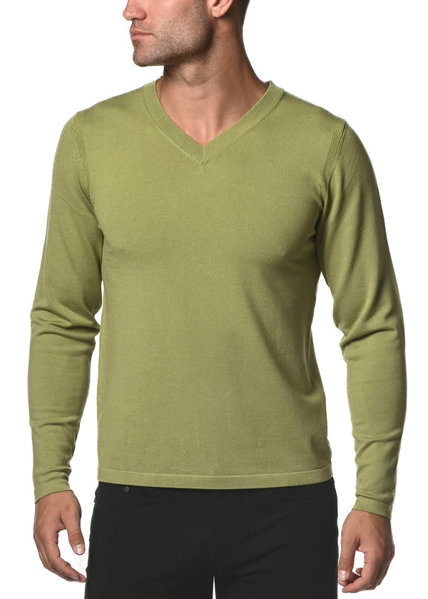 OLIVE SILK TENCEL KNITTED V-NECK SWEATER PM-16308