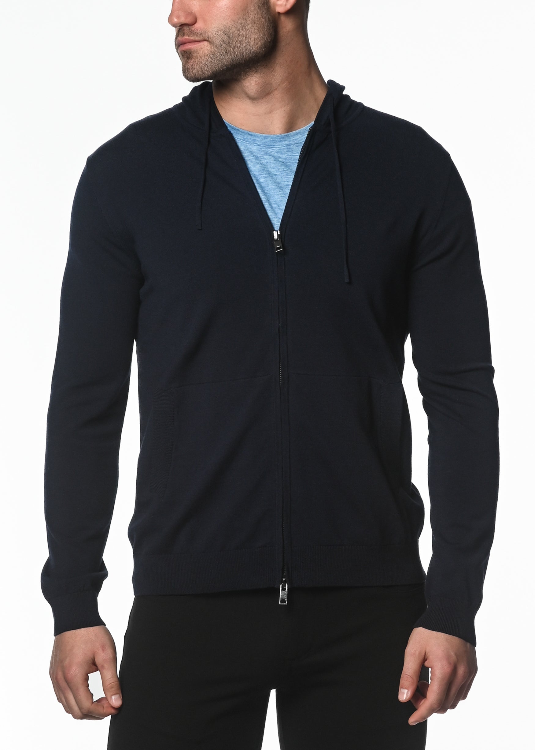 NAVY SILK TENCEL KNITTED ZIP HOODIE PM-16310
