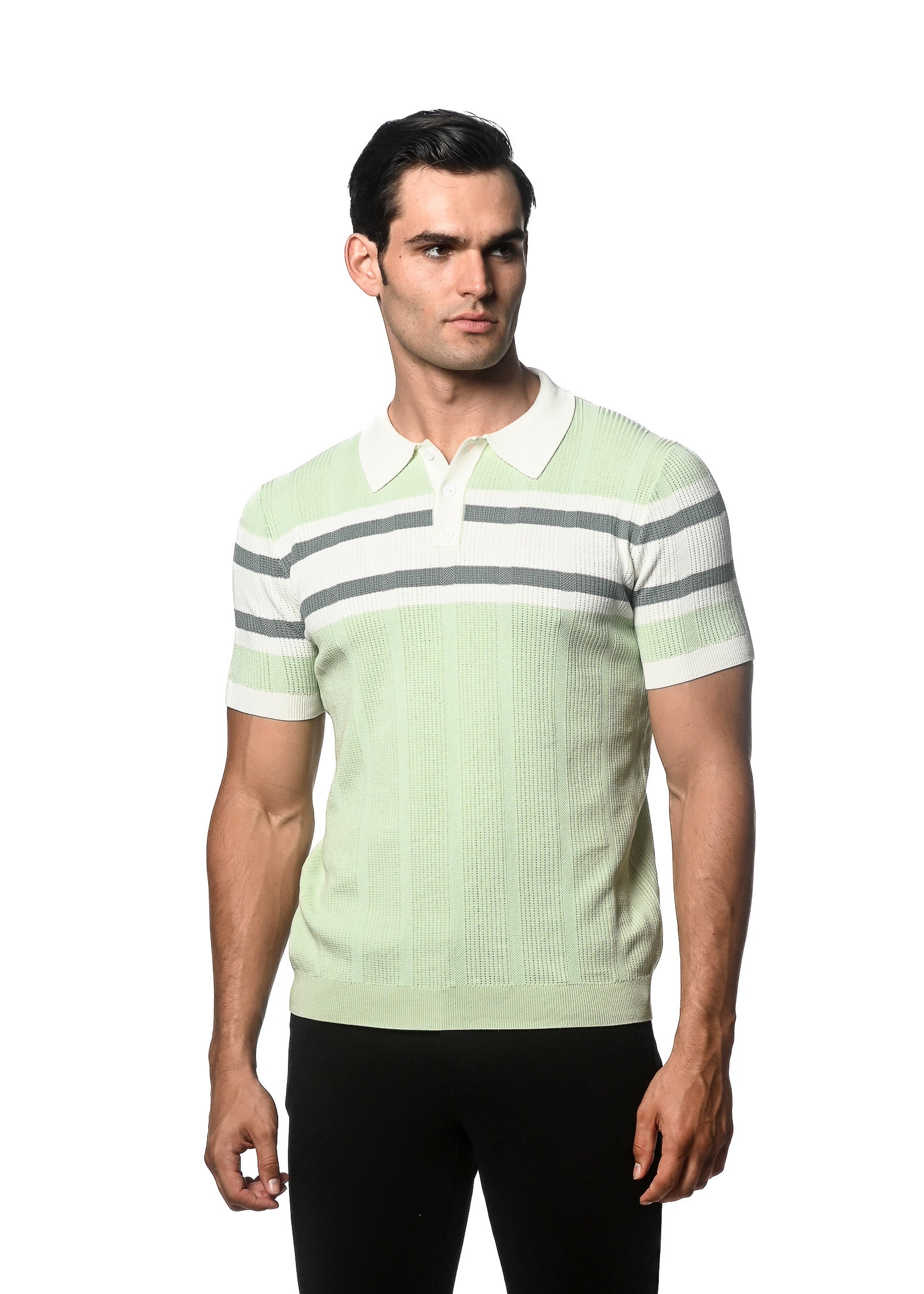 COOL MINT/OFF WHITE SILK/TENCEL STRIPES TEXTURED KNITTED POLO PM-16313