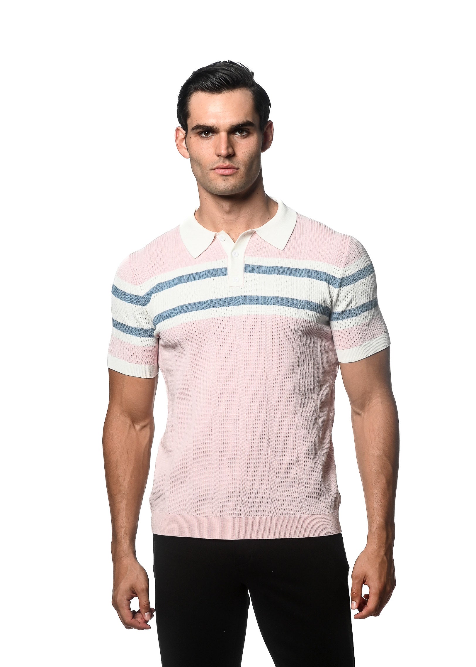 PINK MIST/OFF WHITE SILK/TENCEL STRIPES TEXTURED KNITTED POLO PM-16313