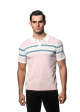 PINK MIST/OFF WHITE SILK/TENCEL STRIPES TEXTURED KNITTED POLO PM-16313