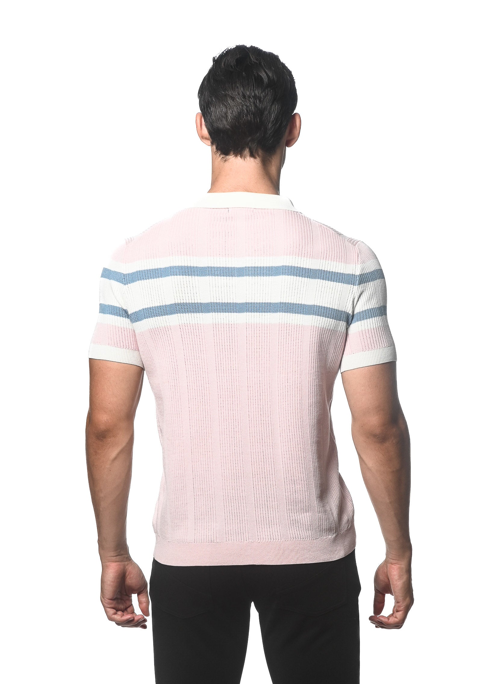 PINK MIST/OFF WHITE SILK/TENCEL STRIPES TEXTURED KNITTED POLO PM-16313