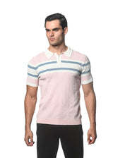 PINK MIST/OFF WHITE SILK/TENCEL STRIPES TEXTURED KNITTED POLO PM-16313