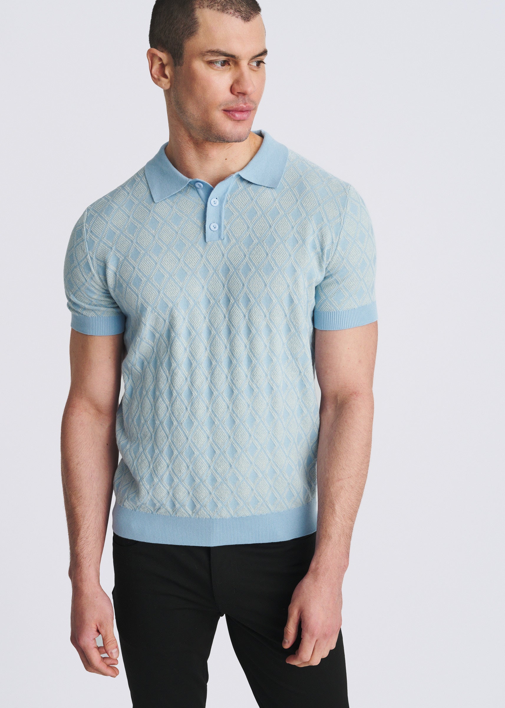 BLUE FINCH/OFF WHITE TONAL DIAMOND COTTON 3-BUTTON KNIT POLO PM-16333