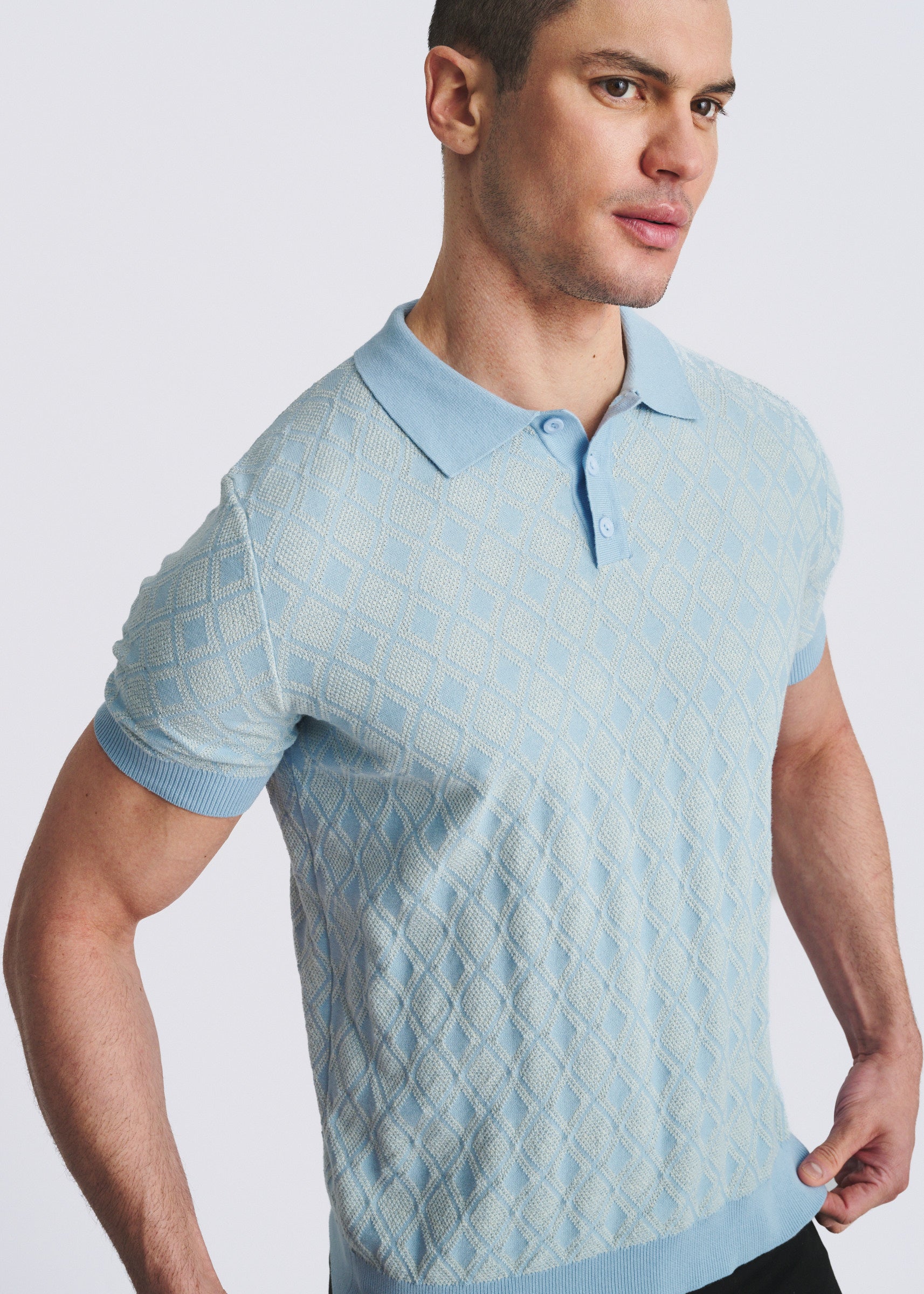 BLUE FINCH/OFF WHITE TONAL DIAMOND COTTON 3-BUTTON KNIT POLO PM-16333