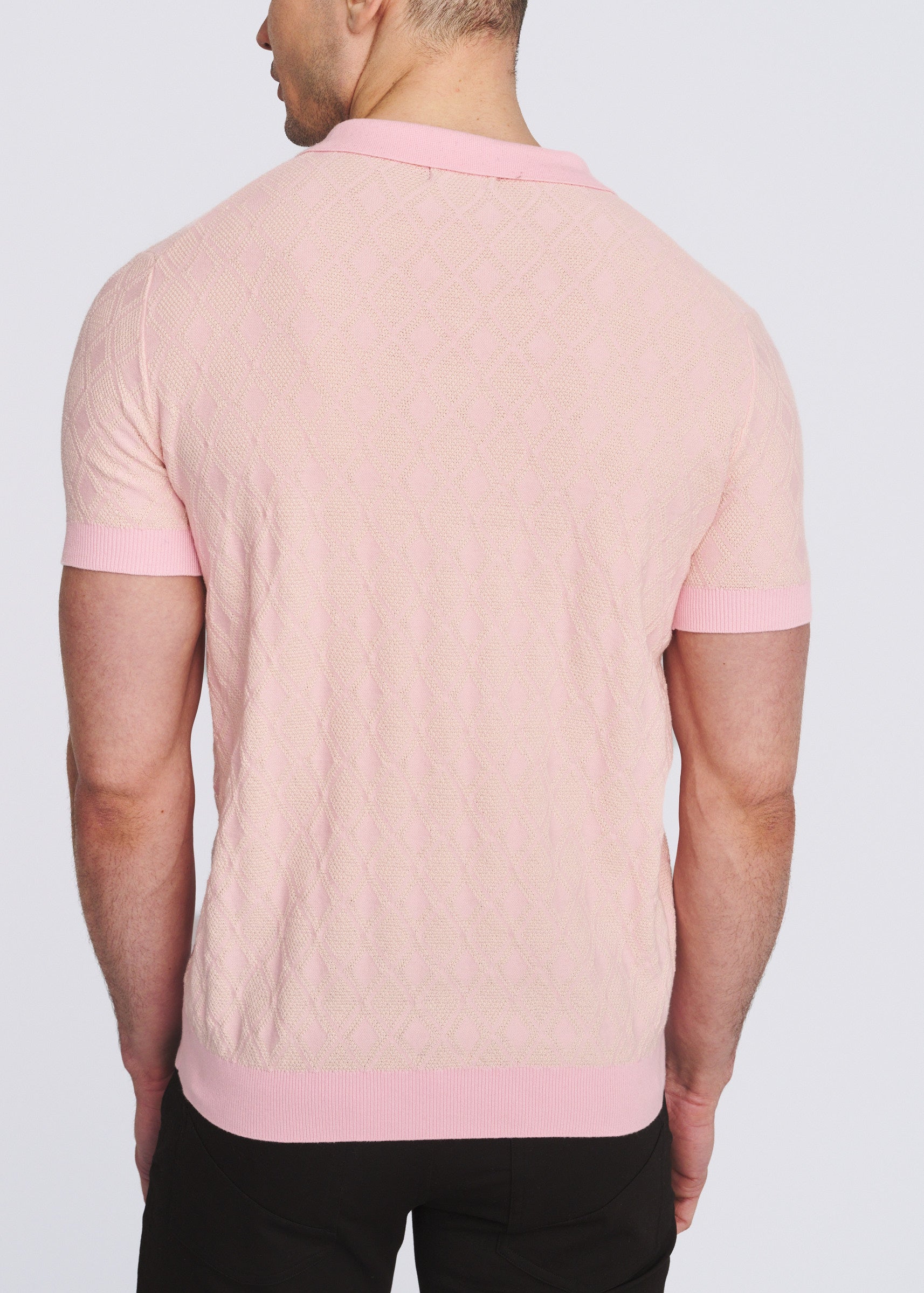 PETAL/OFF WHITE TONAL DIAMOND COTTON 3-BUTTON KNIT POLO PM-16333