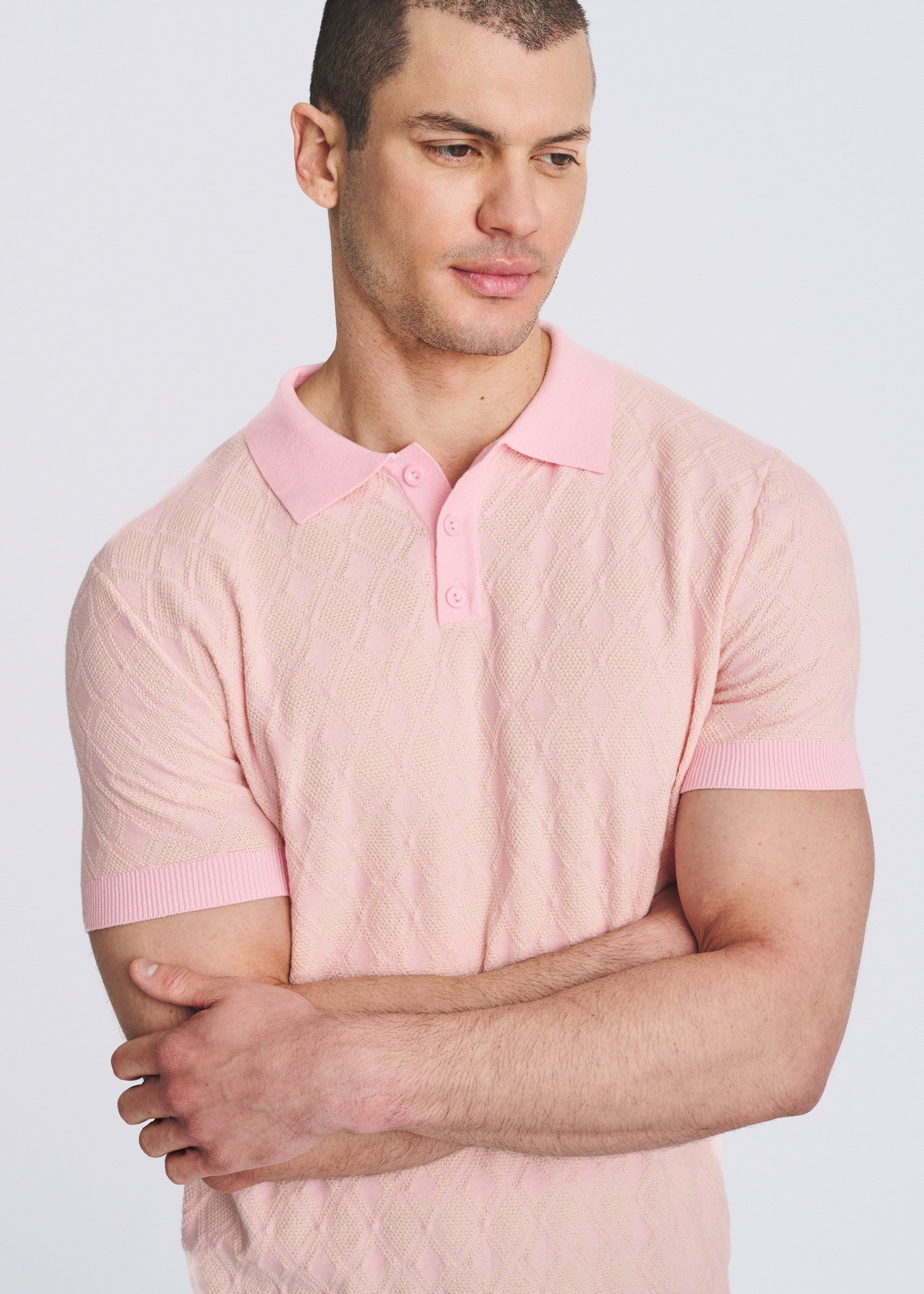 PETAL/OFF WHITE TONAL DIAMOND COTTON 3-BUTTON KNIT POLO PM-16333