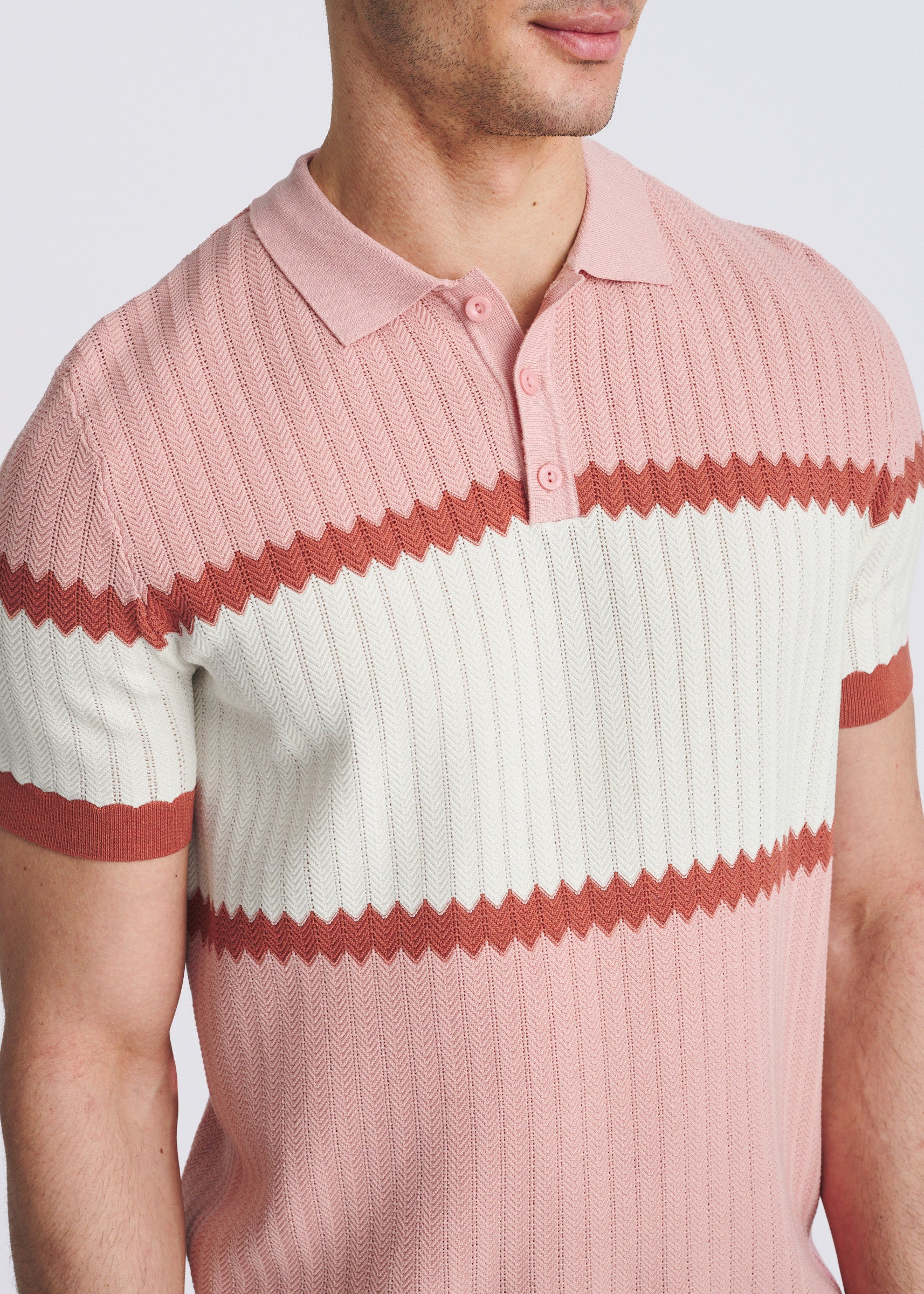 FLAMINGO/MERLOT COLOR BLOCK SILK/TENCEL 3-BUTTON KNIT POLO PM-16339