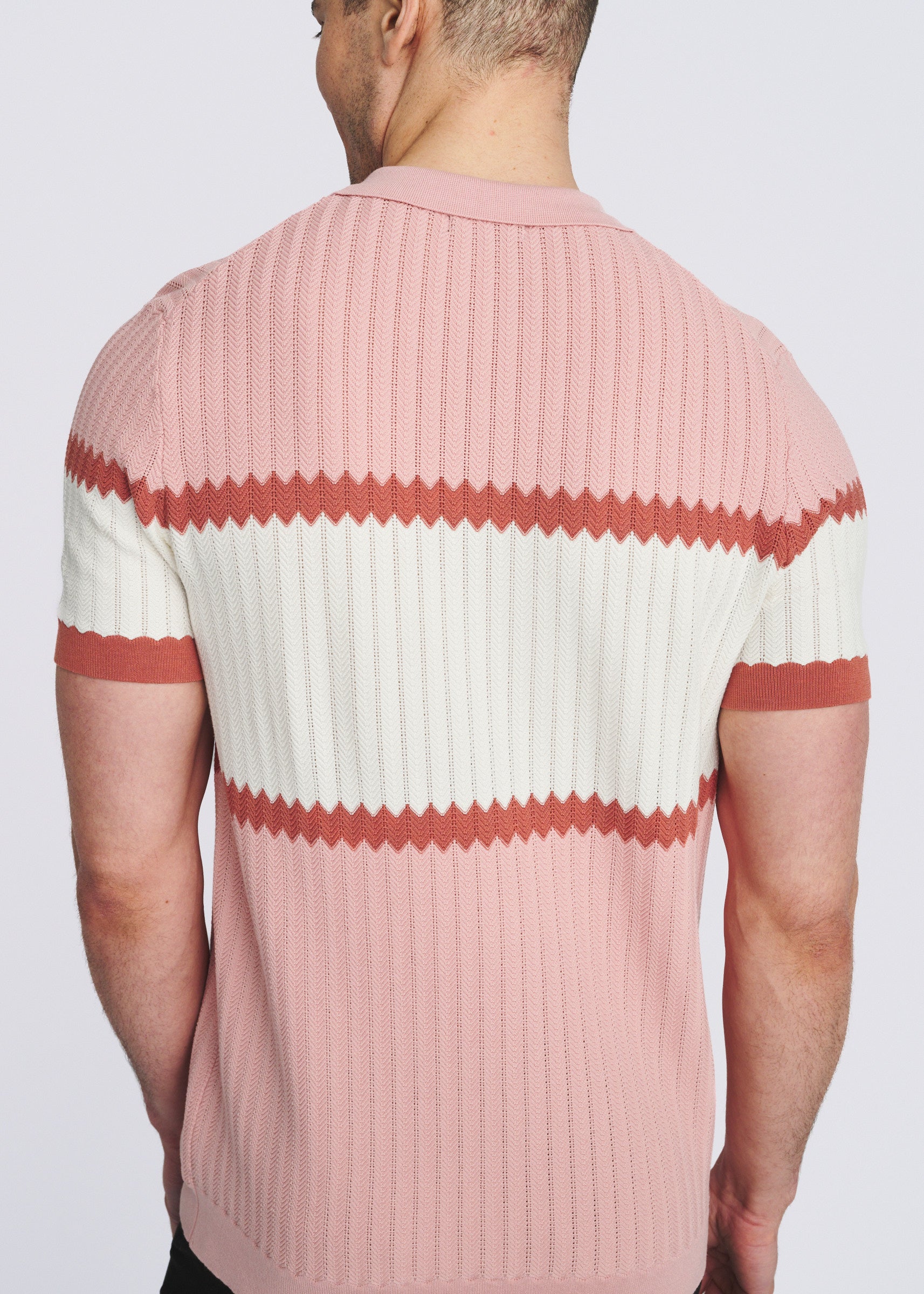FLAMINGO/MERLOT COLOR BLOCK SILK/TENCEL 3-BUTTON KNIT POLO PM-16339