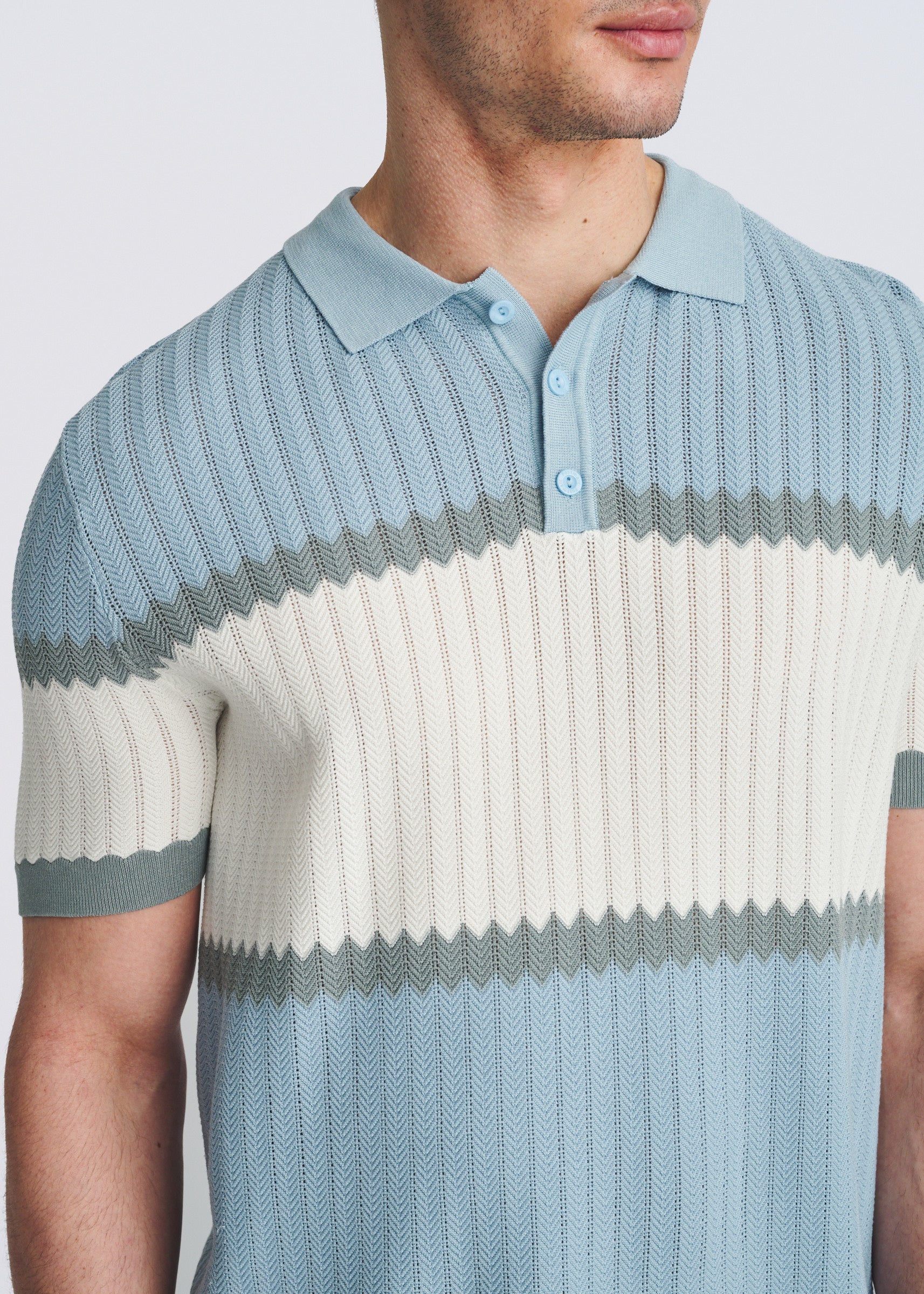 GLACIER/PETROL COLOR BLOCK SILK/TENCEL 3-BUTTON KNIT POLO PM-16339