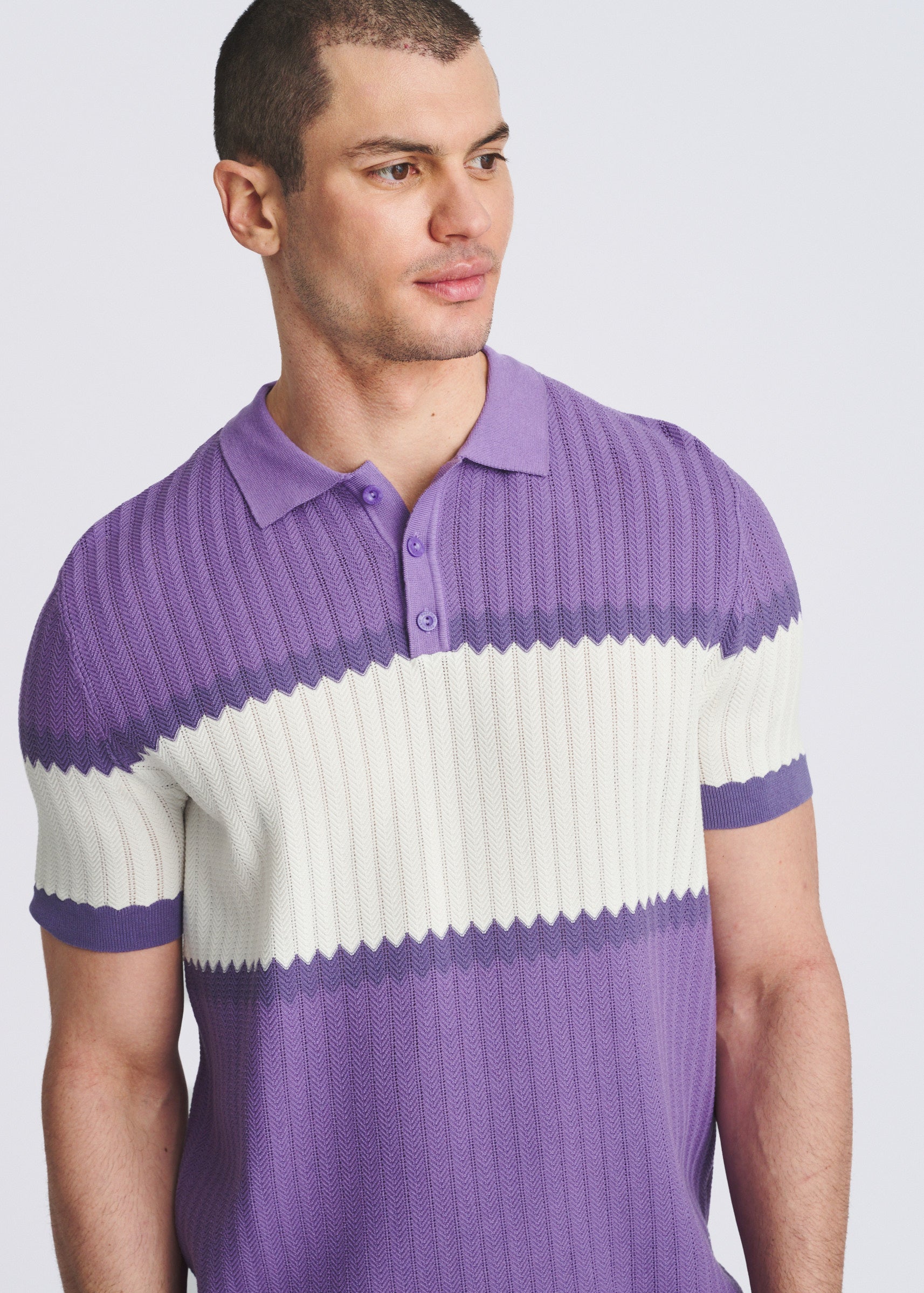 ORCHID/PURPLE COLOR BLOCK SILK/TENCEL 3-BUTTON KNIT POLO PM-16339